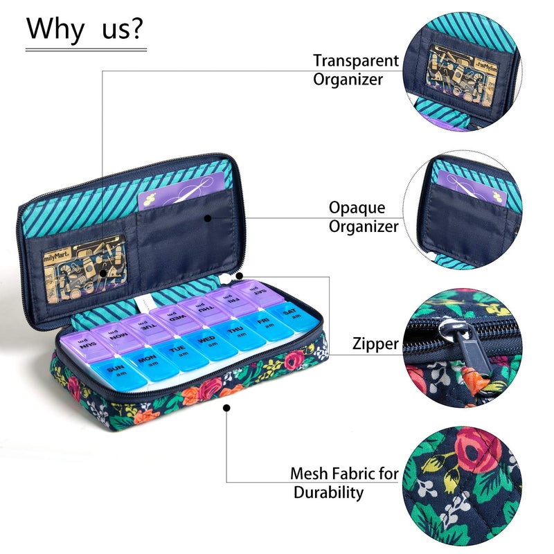 zumd Weekly Pill Organizer 2 Times a Day, Zumd Pill Box 7 Day with Cute Quilted Fabric Zipper Case, Travel Pill Case Am Pm for Vitamin Medicine Organizer - Image 3