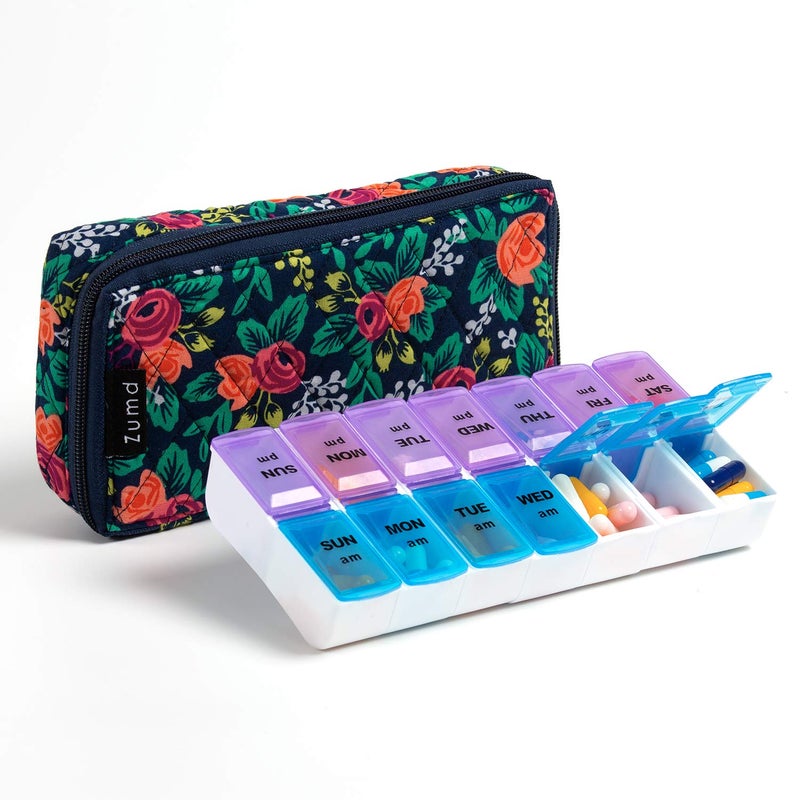 zumd Weekly Pill Organizer 2 Times a Day, Zumd Pill Box 7 Day with Cute Quilted Fabric Zipper Case, Travel Pill Case Am Pm for Vitamin Medicine Organizer - Image 1