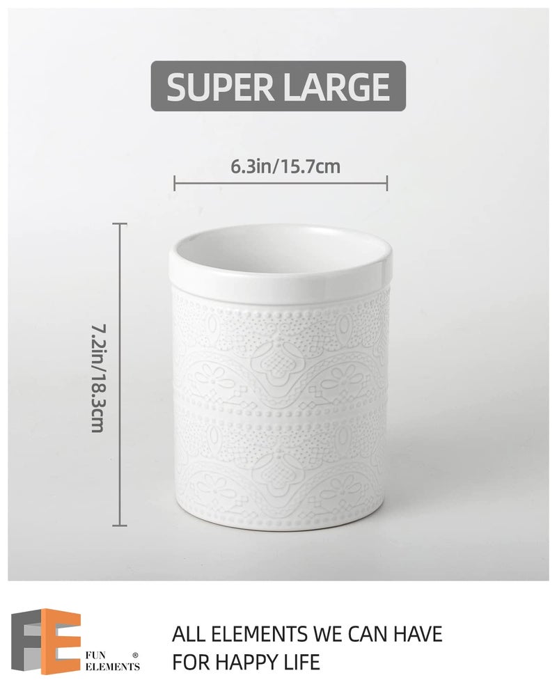 FE FUN ELEMENTS FUN ELEMENTS Kitchen Utensil Holder, 7.2" Super Large Utensil Crock Heavy and Stable Lace Emboss Ceramic Utensil Holder for Kitchen Counter (Bright White) - Image 5