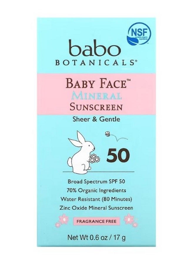 Babo Botanicals Baby Face Mineral Sunscreen Stick SPF 50 Fragrance Free 0.6 oz 17 g - Image 1