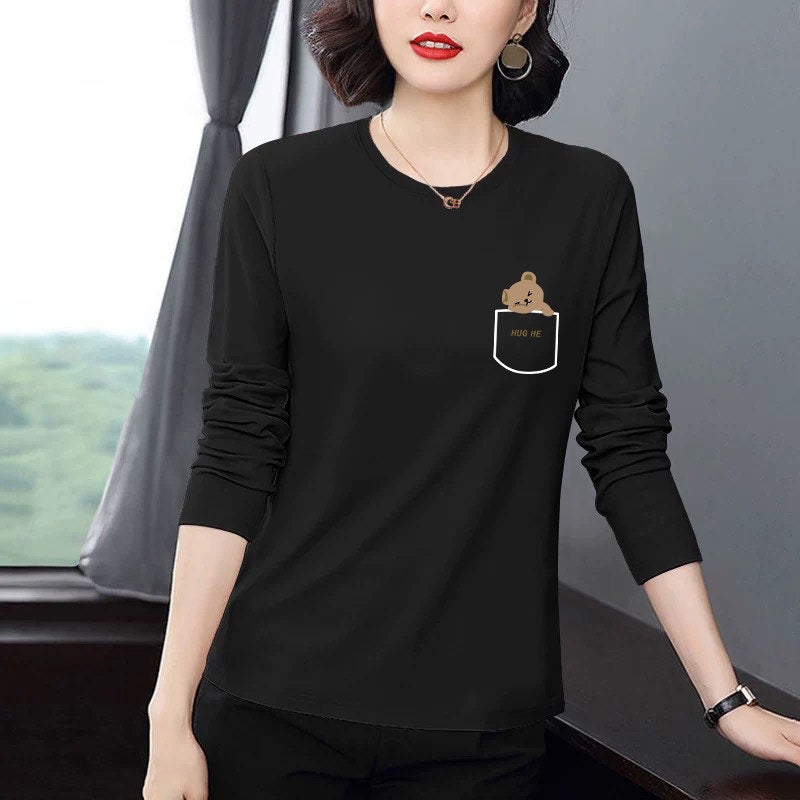 Pure cotton casual popular long-sleeved t-shirt for women's autumn 2025 new loose plus-size versatile age-reducing top with front shoulder - Image 3