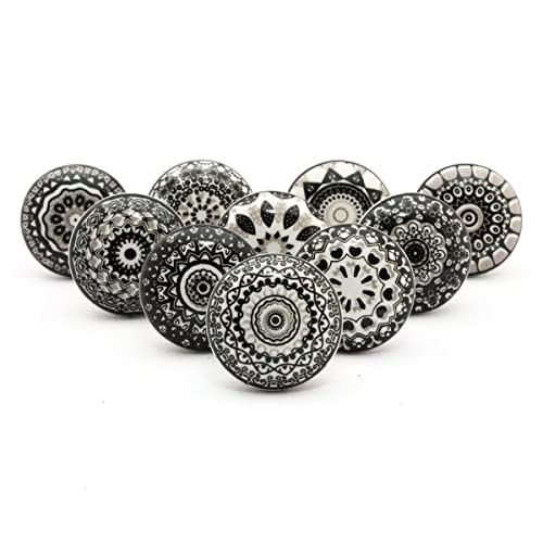 Craft Trade Mandala Ceramic Knobs for Door Drawer Vintage Assorted Colourful Pottery Drawer Handle Pulls for Kitchen Cabinets, Wardrobe and Cupboards - Pack of 10, Black and White - Image 1