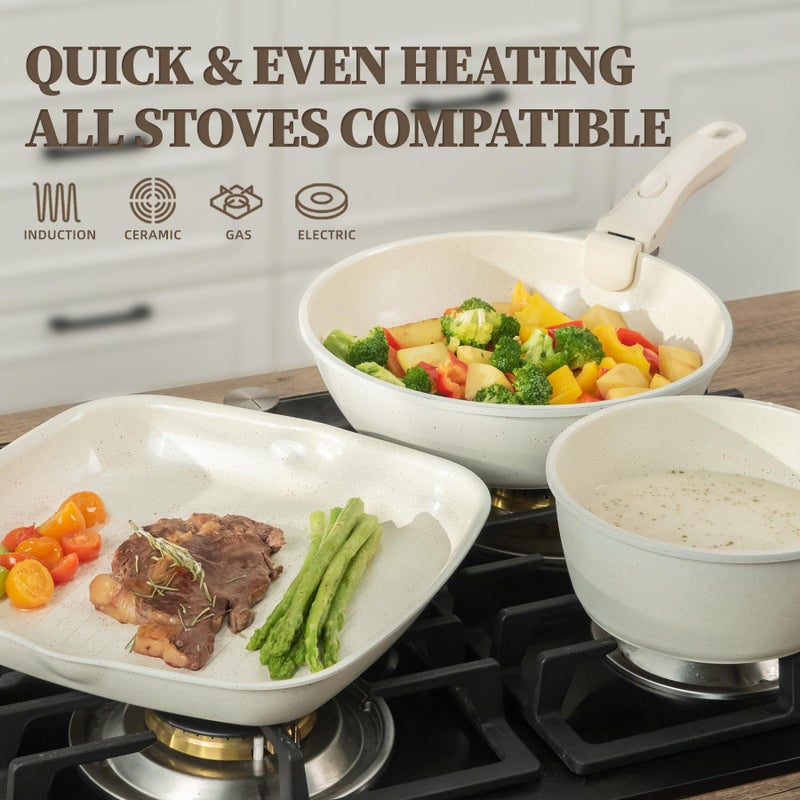 Coicur 23Pcs Ceramic Cookware Set Non Stick Pots and Pans Set Non Toxic with Detachable Handle Induction Kitchen Cookware Set Space Saving, Oven & Dishwasher Safe, Cream White - Image 5