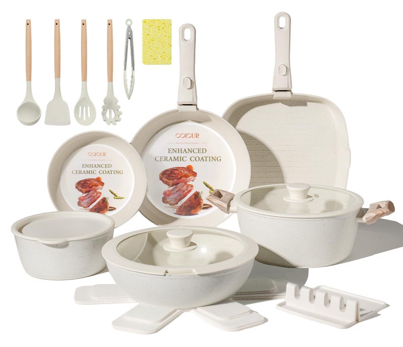Coicur 23Pcs Ceramic Cookware Set Non Stick Pots and Pans Set Non Toxic with Detachable Handle Induction Kitchen Cookware Set Space Saving, Oven & Dishwasher Safe, Cream White - Image 1