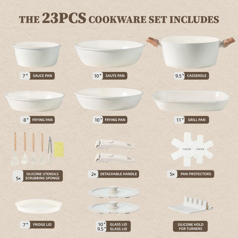 Coicur 23Pcs Ceramic Cookware Set Non Stick Pots and Pans Set Non Toxic with Detachable Handle Induction Kitchen Cookware Set Space Saving, Oven & Dishwasher Safe, Cream White - Image 2