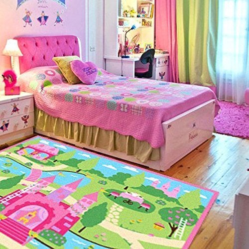 HUAHOO Pink Girls Bedroom Rugs Cartoon Castle Kids Rug Bedroom Floor Rugs Nylon Cartoon Kids Living Room Carpet 100cm133cm3952