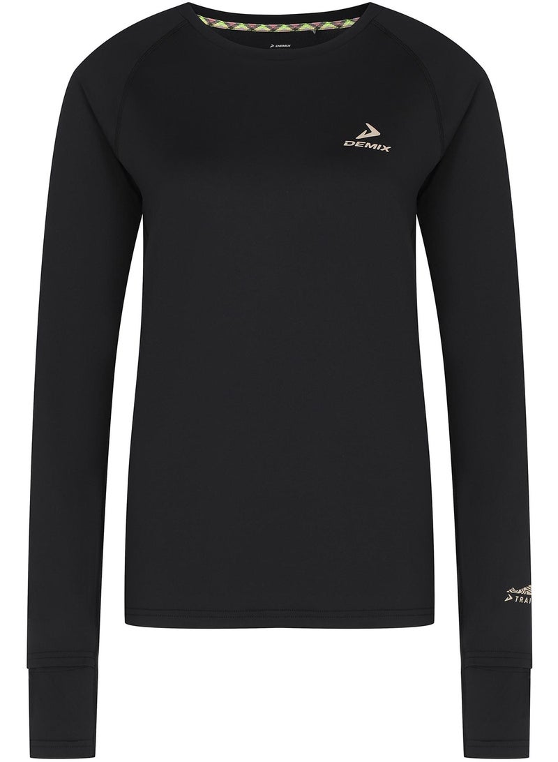 Athlex Women's Running T-shirt Black, Demix, MOVI Cool+ Technology, Reflective Elements, Thumb Holes, Flat Seams for Comfort, Ideal for Training and Jogging - Image 1