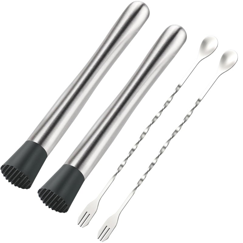 SZDGGZ 4Pcs 10'' Muddler and Spoon Set for Cocktails 304 Stainless Steel Fruit Smasher Home Bar Bartender Accessories Stirrers Mixing Tools for Mojitos Drinks Lemonade Stand Supplies - Image 1