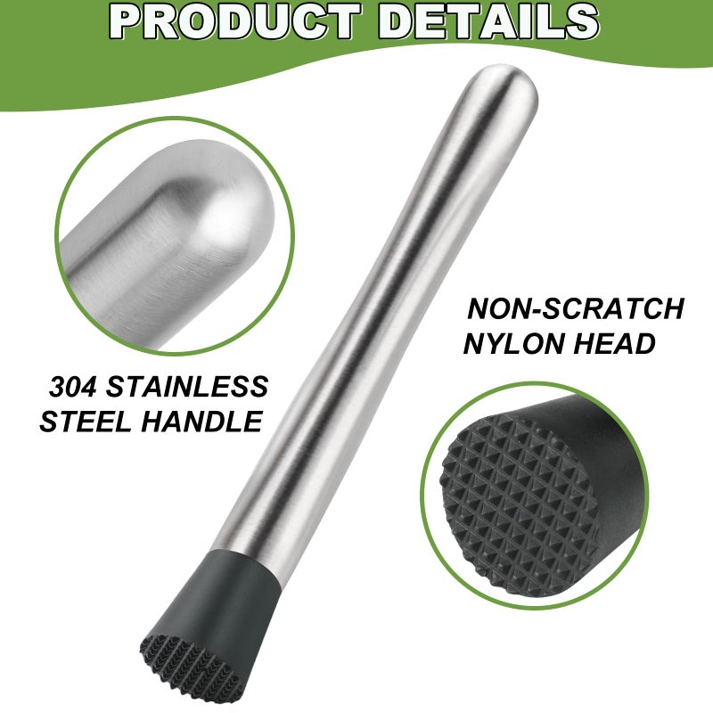 SZDGGZ 4Pcs 10'' Muddler and Spoon Set for Cocktails 304 Stainless Steel Fruit Smasher Home Bar Bartender Accessories Stirrers Mixing Tools for Mojitos Drinks Lemonade Stand Supplies - Image 3