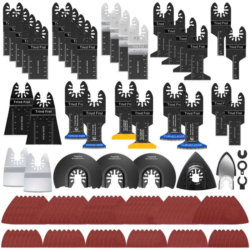 Trivd Frol 121 Pack Oscillating Saw Blades, Titanium Oscillating Tool Blades with Sandpaper, Multitool Blades for Wood Metal Plastics Cutting, Multi Tool Blades Kits Fit Bosch Dewalt Ryobi Milwaukee - Image 1