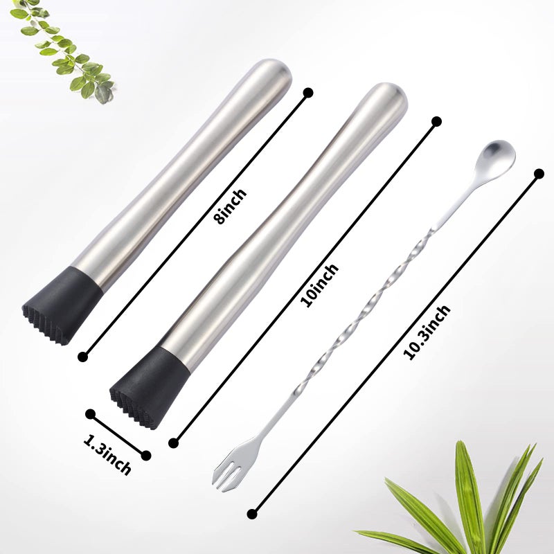 Fpxnb 10 Inch & 8 Inch Stainless Steel Cocktail Muddler With 2 Mixing Spoon  Home Bar Tool Set  For Making & Creating Delicious Mojitos  & Other Fruit Based Drinks & Beverages In Various Containers - Image 4