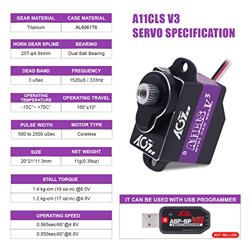 AGFRC MiniZCar Micro Steering Servo 11g Upgrade Programmable 0050sec High Speed Full Metal Gear Mini Digital Coreless Servo Control Angle 180 A11CLS V3 - Image 5