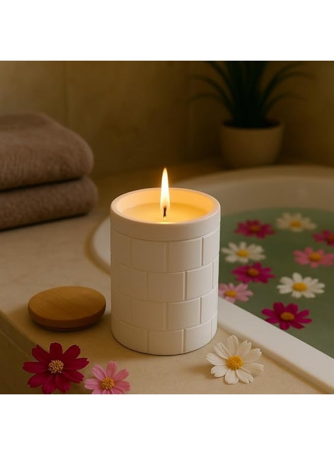 Spaceshoop Luxury White Ceramic Candle with Bamboo Lid  Soy Wax Long Lasting Aromatherapy Candle for Relaxation Spa and Home Décor Elegant Textured Jar Design White - Image 3