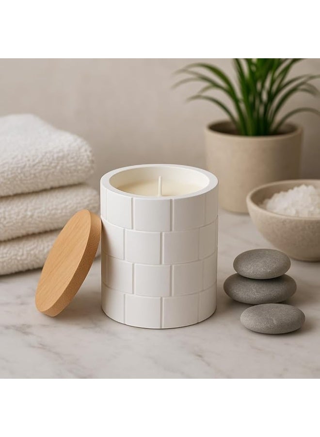 Spaceshoop Luxury White Ceramic Candle with Bamboo Lid  Soy Wax Long Lasting Aromatherapy Candle for Relaxation Spa and Home Décor Elegant Textured Jar Design White - Image 2