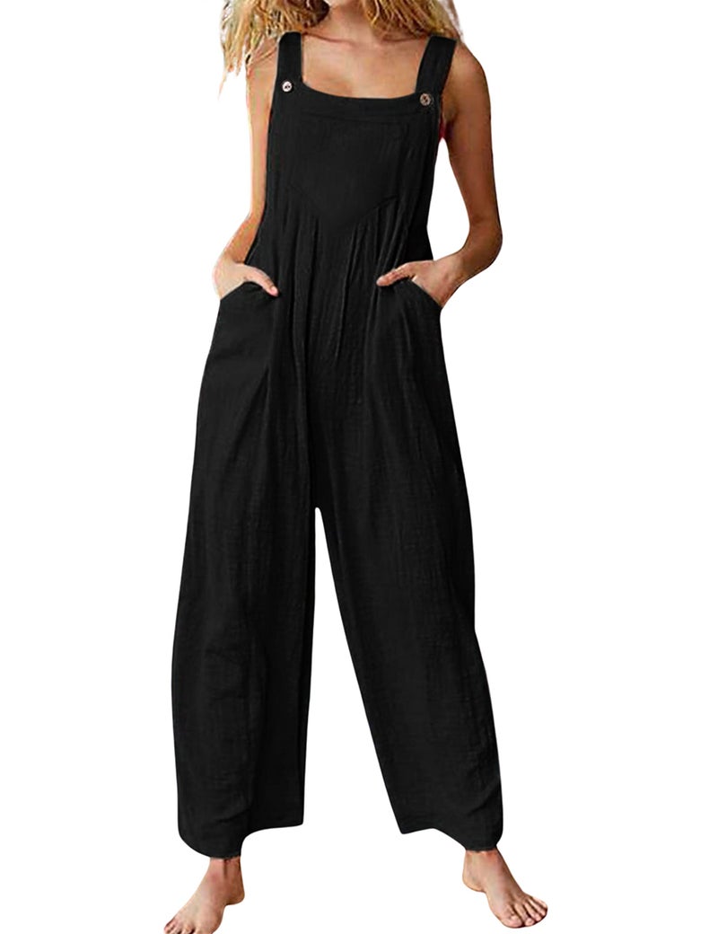 Himosyber Women's Patchwork Dual Pocket Jumpsuit Loose Floral Print Bohemian Wide Leg Bib Overall (#2Black, Large) - Image 1
