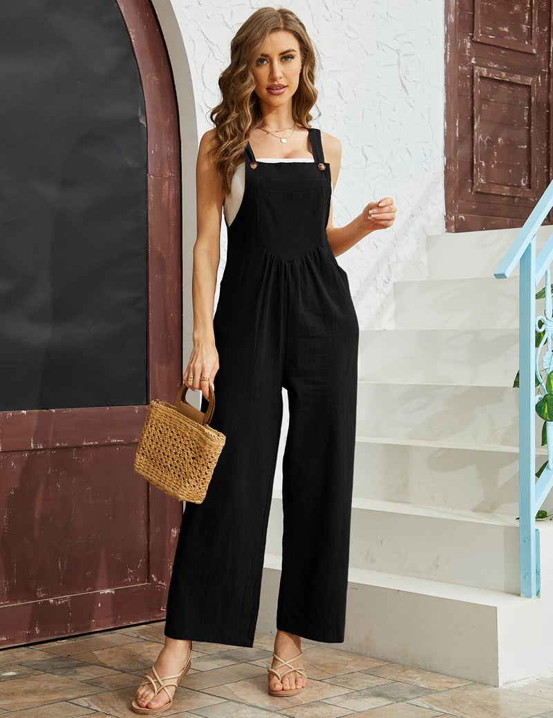 Himosyber Women's Patchwork Dual Pocket Jumpsuit Loose Floral Print Bohemian Wide Leg Bib Overall (#2Black, Large) - Image 2
