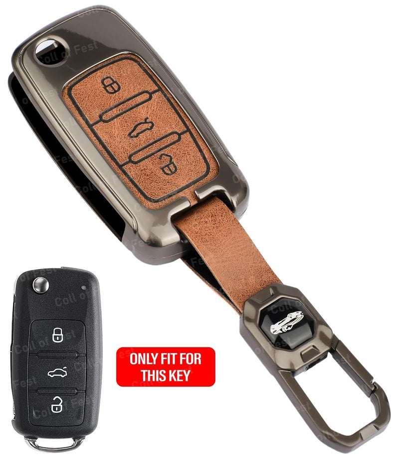 Coll of Fest Exclusive Metal Leather Key Cover Compatible with Polo Vento Jetta Ameo Passat and Skoda Rapid Laura Superb Octavia Fabia Yeti 3 Button Flip Key Leather Protection with Keychain - Image 2