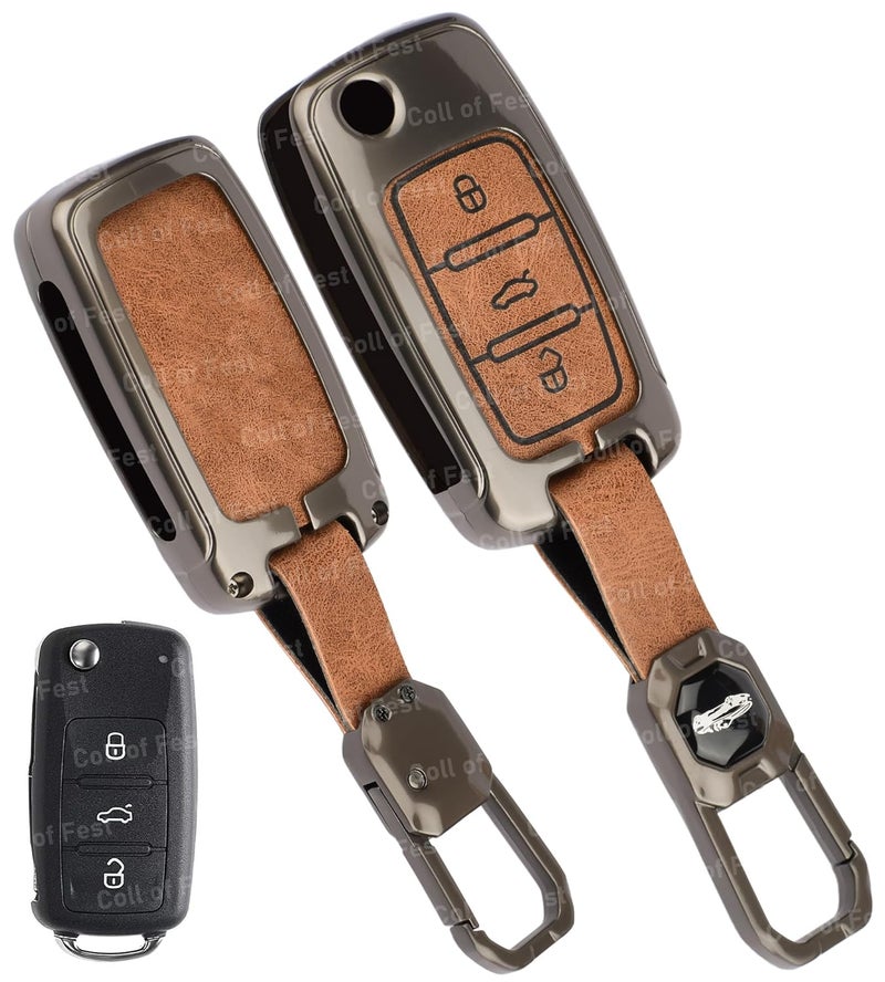 Coll of Fest Exclusive Metal Leather Key Cover Compatible with Polo Vento Jetta Ameo Passat and Skoda Rapid Laura Superb Octavia Fabia Yeti 3 Button Flip Key Leather Protection with Keychain - Image 1