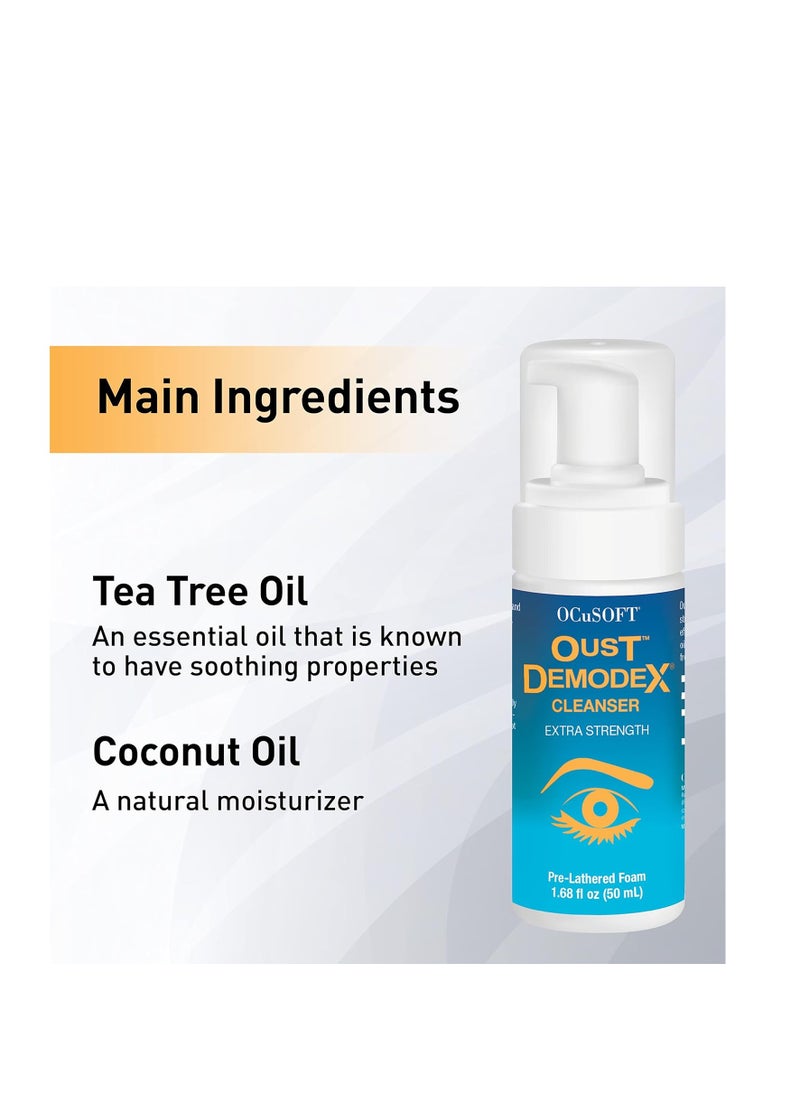 OCuSOFT - OCuSOFT Oust Demodex Foam Cleanser - Extra Strength - Foaming Cleanser for Eyelids & Eyelashes with Tea Tree Oil - Eyelid Cleanser to Remove Oil, Debris & Pollen - 1.68 fl oz - Image 1