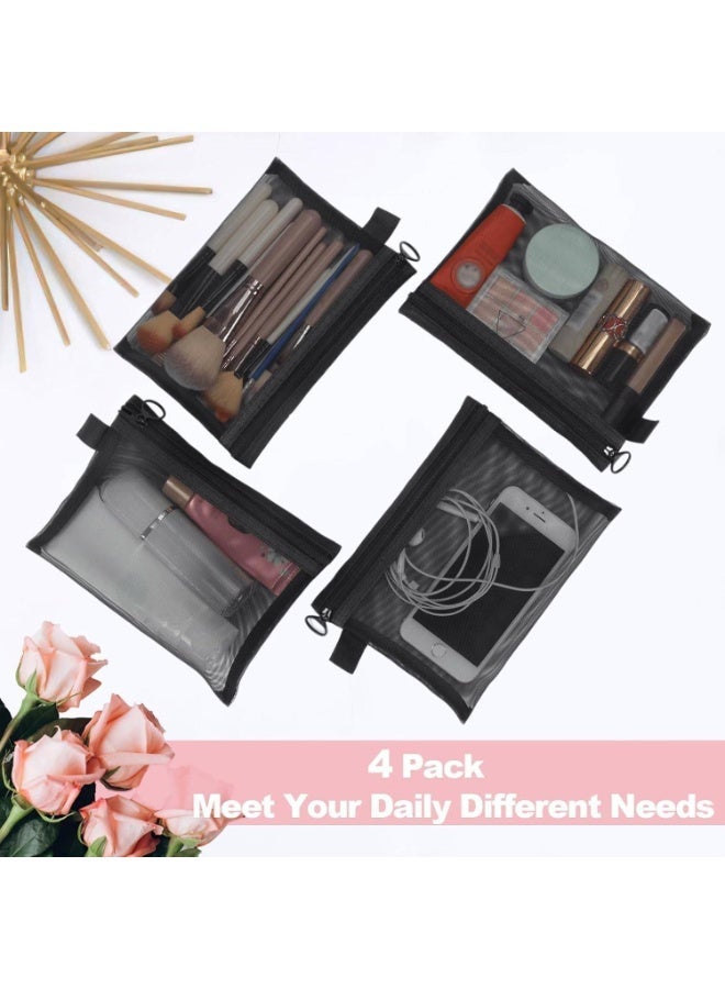 HZYH 4Pcs Mesh Makeup Bags, Cosmetic Small Pouch Bags with Zipper, Bag Organiser Pouches for Cosmetics Toiletries, Travel Toiletry Kit Set Storage Case  (Black) - Image 3