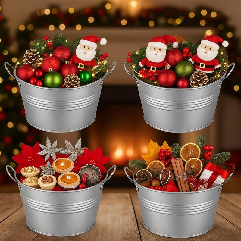 Otoolling 4 Pcs Christmas Galvanized Metal Bucket with Handles, 1 Gallon Rustic Decorative Pails, Beverage Tub, Christmas Bucket, Wash Tub for Centerpieces, Outdoor Flower Pots - Image 1