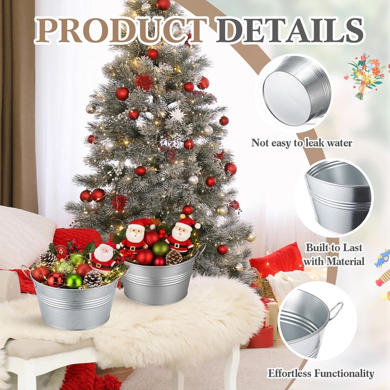 Otoolling 4 Pcs Christmas Galvanized Metal Bucket with Handles, 1 Gallon Rustic Decorative Pails, Beverage Tub, Christmas Bucket, Wash Tub for Centerpieces, Outdoor Flower Pots - Image 3