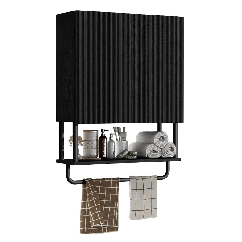 RUSTOWN Fluted Bathroom Wall Cabinet with 2 Doors, 3-Tier Modern Farmhouse Medicine Cabinet, Over The Toilet Storage Cabinet with Adjustable Shelf and Towel Bar (Black, Medium) - Image 1