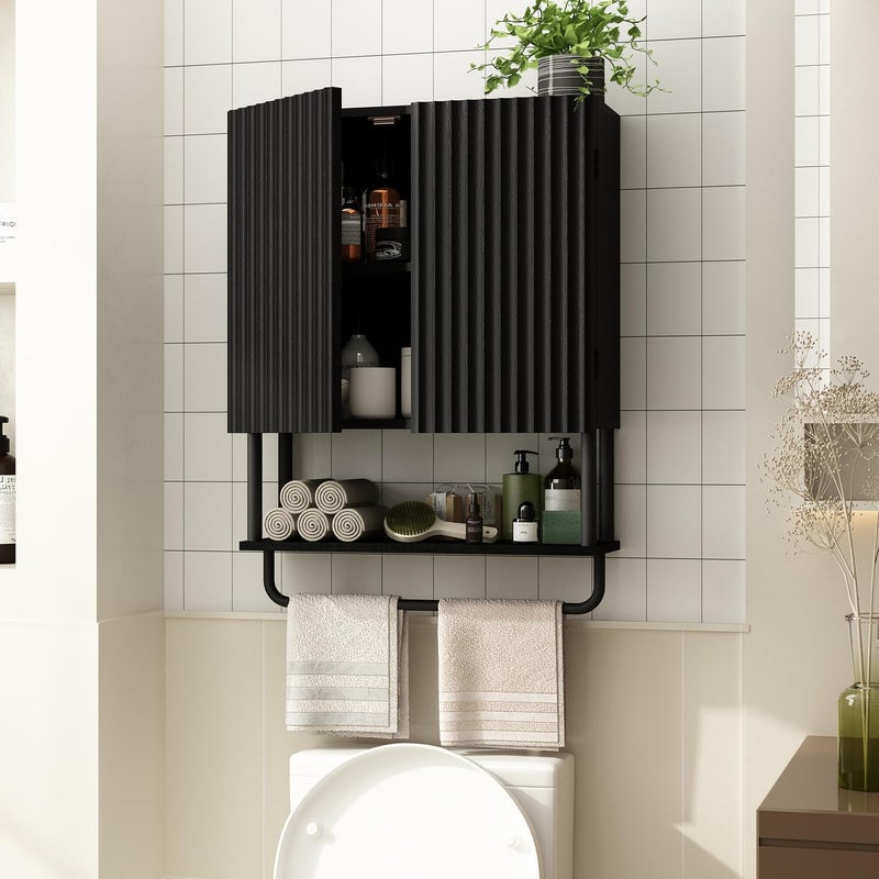 RUSTOWN Fluted Bathroom Wall Cabinet with 2 Doors, 3-Tier Modern Farmhouse Medicine Cabinet, Over The Toilet Storage Cabinet with Adjustable Shelf and Towel Bar (Black, Medium) - Image 2