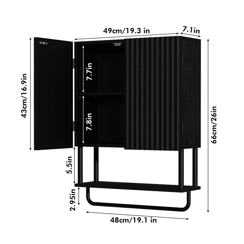 RUSTOWN Fluted Bathroom Wall Cabinet with 2 Doors, 3-Tier Modern Farmhouse Medicine Cabinet, Over The Toilet Storage Cabinet with Adjustable Shelf and Towel Bar (Black, Medium) - Image 3