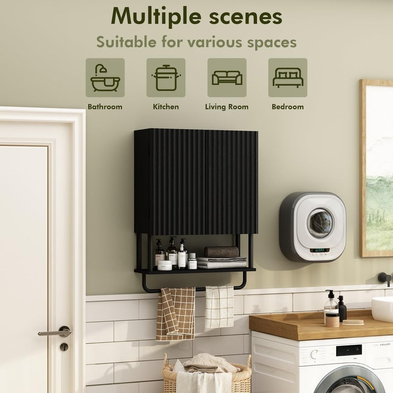 RUSTOWN Fluted Bathroom Wall Cabinet with 2 Doors, 3-Tier Modern Farmhouse Medicine Cabinet, Over The Toilet Storage Cabinet with Adjustable Shelf and Towel Bar (Black, Medium) - Image 5