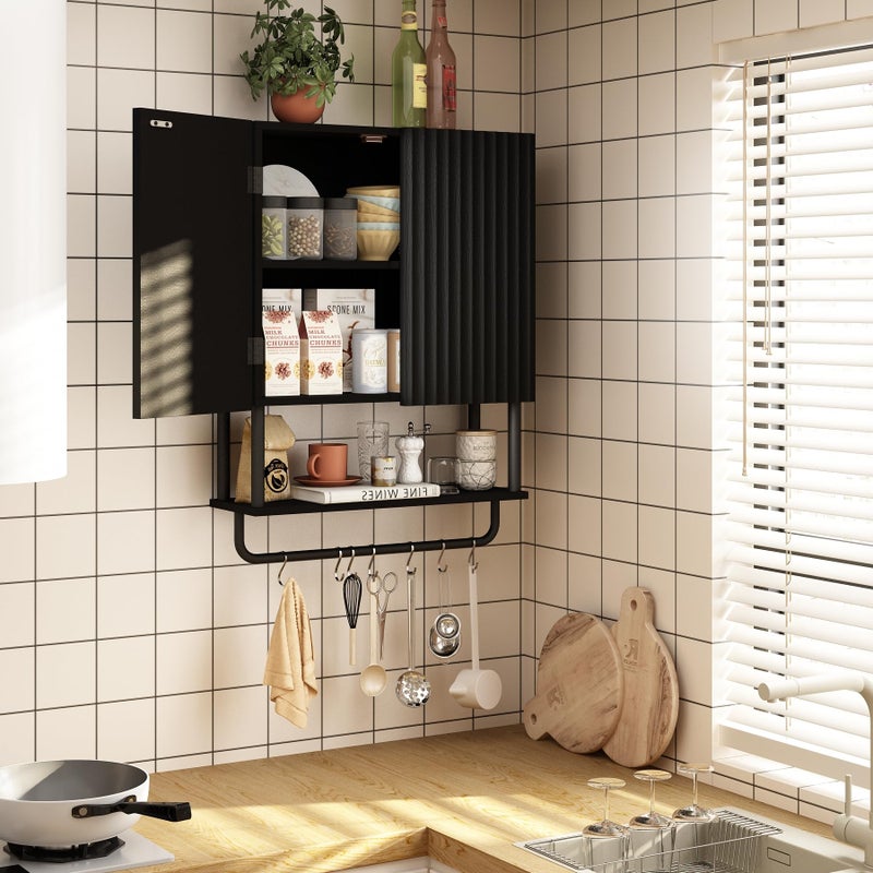RUSTOWN Fluted Bathroom Wall Cabinet with 2 Doors, 3-Tier Modern Farmhouse Medicine Cabinet, Over The Toilet Storage Cabinet with Adjustable Shelf and Towel Bar (Black, Medium) - Image 4