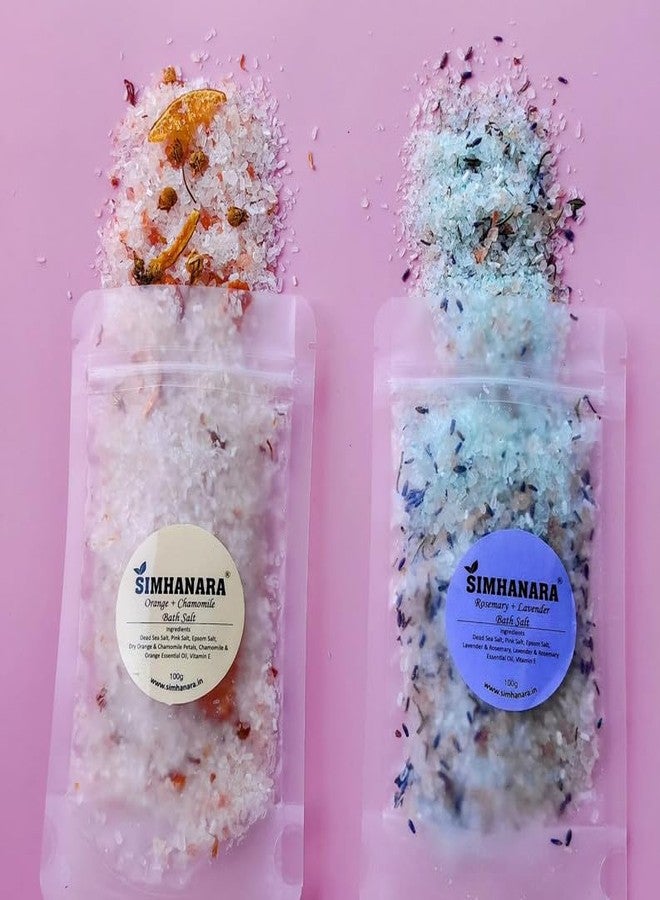 SIMHANARA Pack of 2 Bath Salts (100g Each) - Orange + Chamomile and Rosemary + Lavender - Aromatherapy Spa for Men and Women
