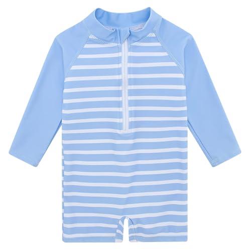 uideazone 6-12 Months Baby Boys and Girls Swimsuit Blue Striped Long Sleeve Sunsuit One Piece Rash Guard Swimwear Swim Suit - Image 1