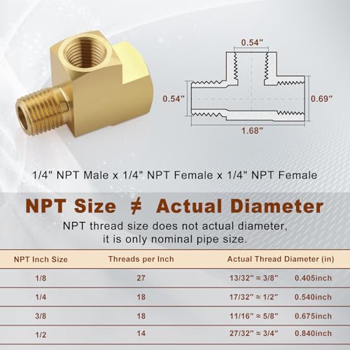 Boeray 2pcs 1/4" Brass Tee Fittings 1/4" NPT Female Pipe to 1/4" NPT Male to 1/4" NPT Female Brass Barstock Street Tee Pipe Fittings 3 Way for Joining Pipe - Image 2