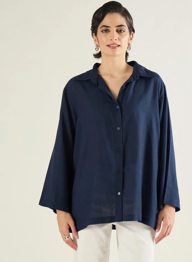 SASSAFRAS Women Navy Blue Linen Oversized Shirt