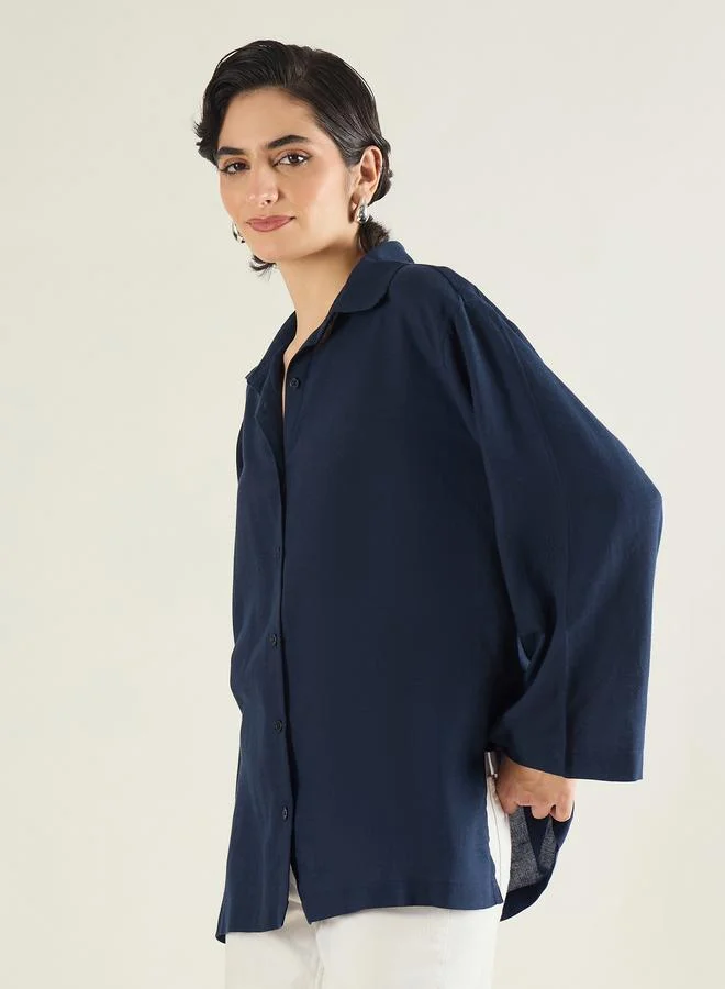 SASSAFRAS Women Navy Blue Linen Oversized Shirt