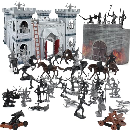 Plustopoy Medieval Castle Knight Toy Soldier Army Figurines DIY Assembled Cavalry Arrow Tower8 Knights and 8 Horse 36 Soldiers Simulated Siege War of Attack Castle Toy for Boys - Image 1