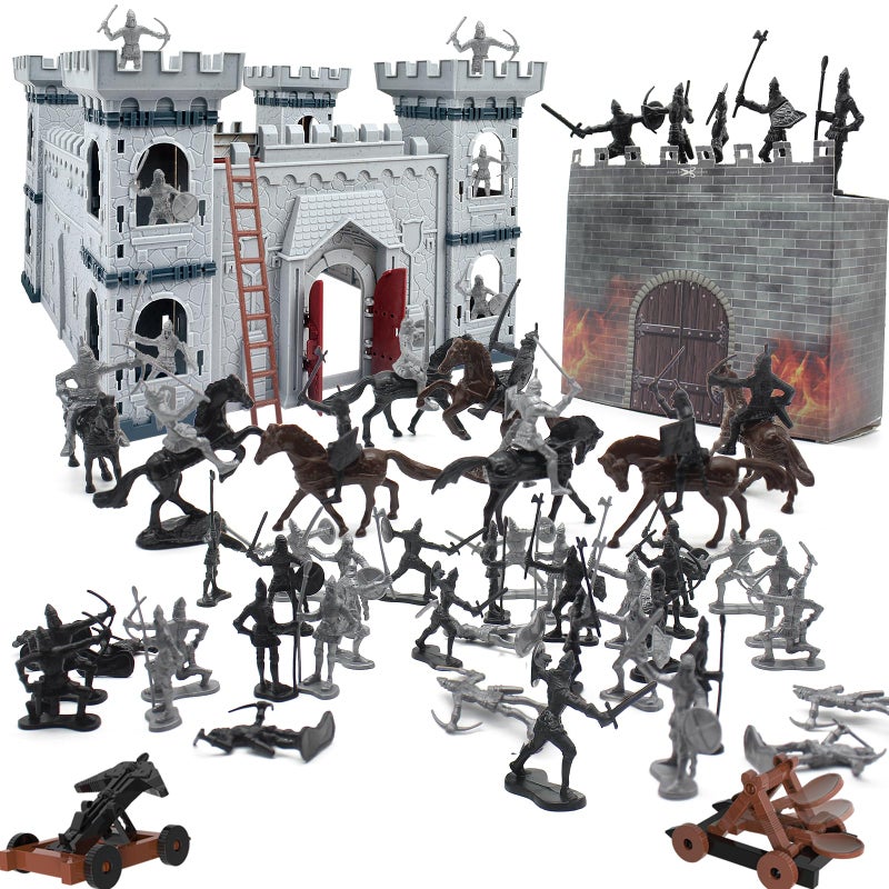 Plustopoy Medieval Castle Knight Toy Soldier Army Figurines DIY Assembled Cavalry Arrow Tower8 Knights and 8 Horse 36 Soldiers Simulated Siege War of Attack Castle Toy for Boys - Image 2