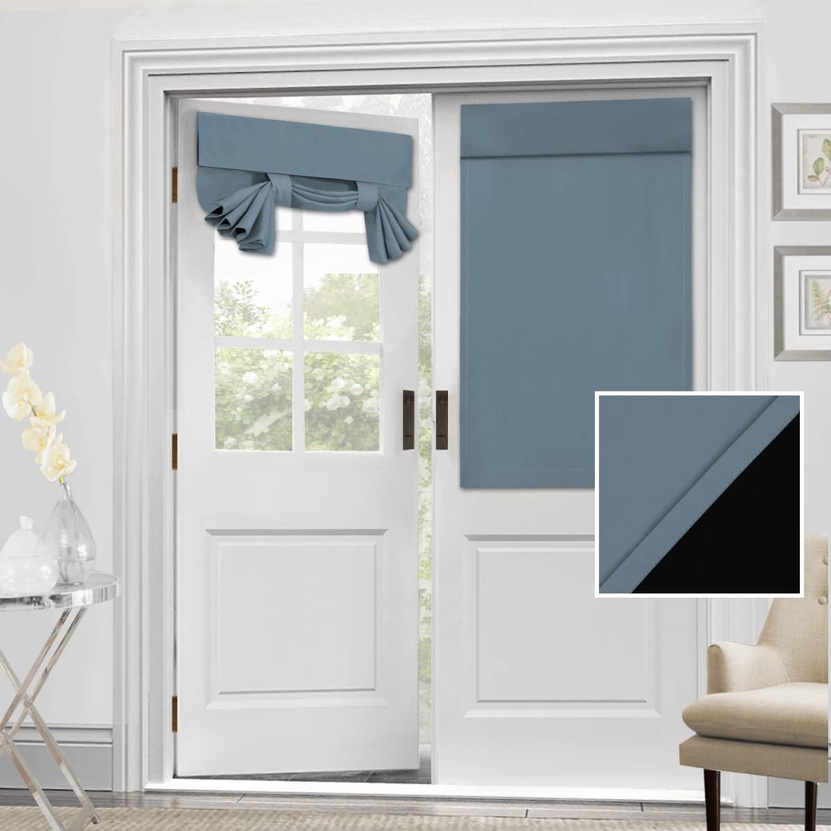 H.VERSAILTEX HVERSAILTEX 100 Blackout French Door Curtain Privacy French Door Blinds Light Blocking Curtain for Sliding Glass Door Thermal Insulated Tie Up Shade 26x40 Inches 1 Panel Stone Blue