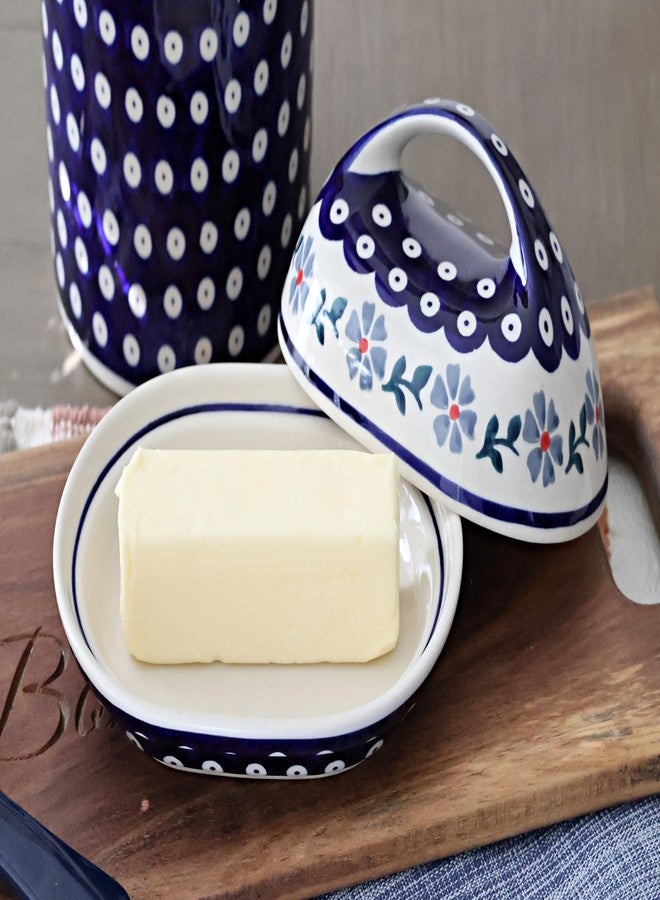 Blue Rose Pottery طبق زبدة من الخزف البولندي "بلو روز" - لون أزرق بنفسجي مع مقبض - يتسع لقطعة زبدة واحدة - طبق زبدة لتنظيم وتخزين الزبدة على سطح الطاولة - Image 3