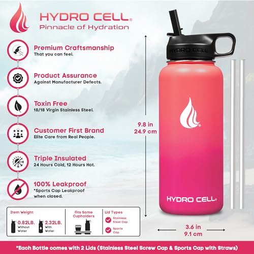 HYDRO CELL Stainless Steel Insulated Water Bottle with Straw - For Cold & Hot Drinks - Metal Vacuum Flask with Screw Cap and Modern Leakproof Sport Thermos for Adults (Coral/Punch 32oz) - Image 3
