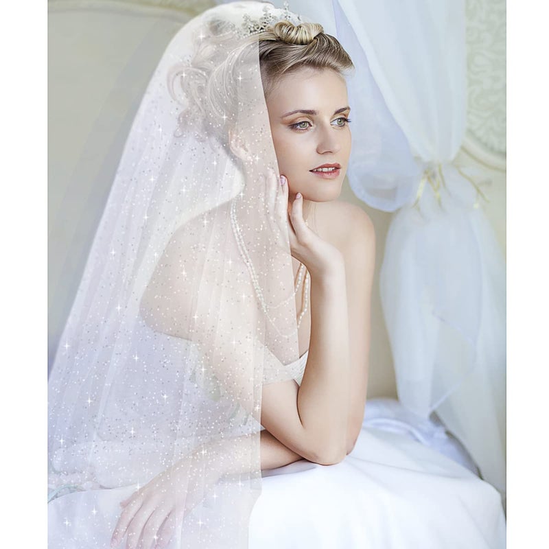 Omorro 2 Tiers Sparkly Bridal Wedding Veil, Fingertip Length Bachelorette Party Bling Veils Glitter Bridal Veil for Women Girls (White) - Image 3