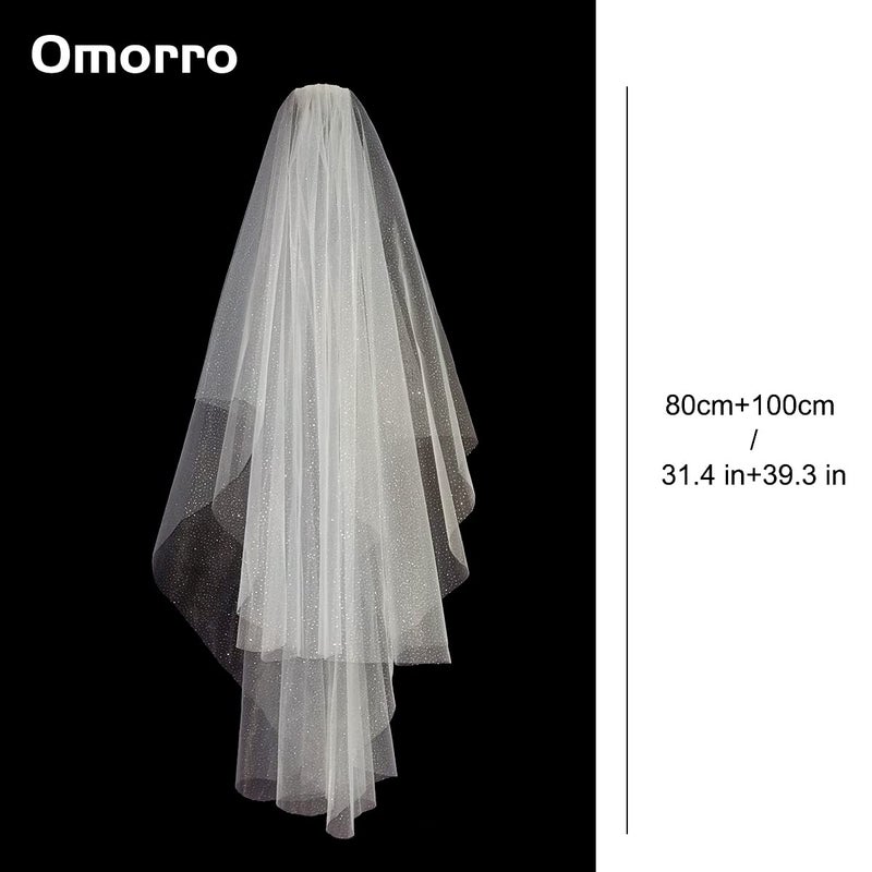 Omorro 2 Tiers Sparkly Bridal Wedding Veil, Fingertip Length Bachelorette Party Bling Veils Glitter Bridal Veil for Women Girls (White) - Image 2