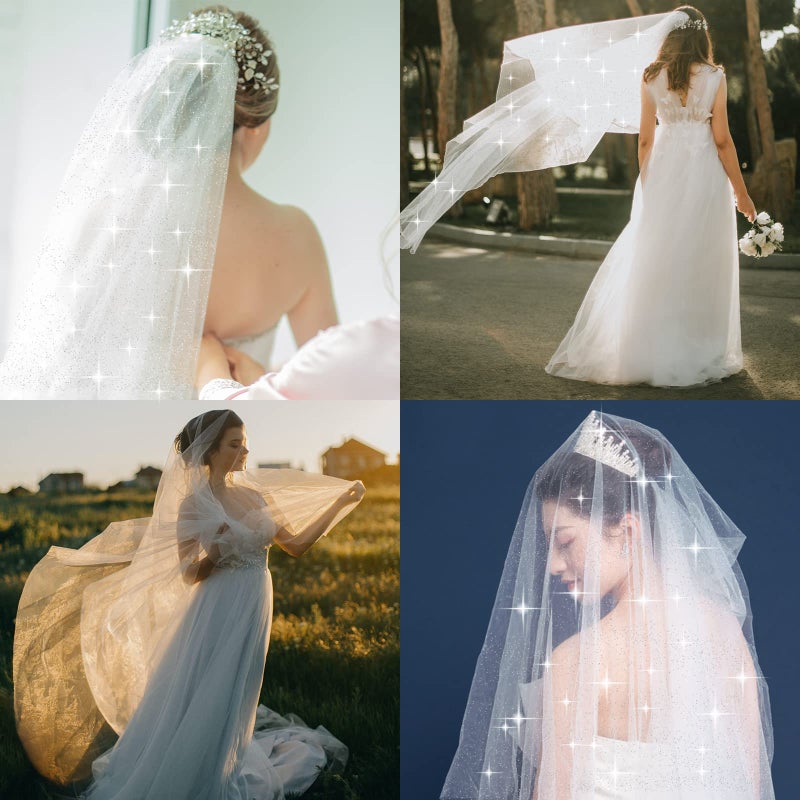 Omorro 2 Tiers Sparkly Bridal Wedding Veil, Fingertip Length Bachelorette Party Bling Veils Glitter Bridal Veil for Women Girls (White) - Image 5