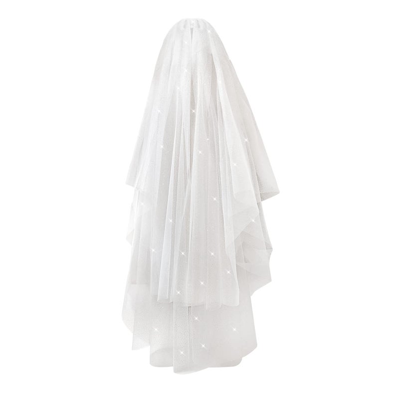 Omorro 2 Tiers Sparkly Bridal Wedding Veil, Fingertip Length Bachelorette Party Bling Veils Glitter Bridal Veil for Women Girls (White) - Image 1