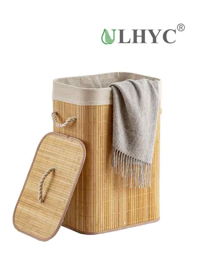 ULHYC Bamboo Laundry Hamper with Lid and Removable Liner Bag, 72L Foldable Laundry Basket for Bedroom & Bathroom Storage (30x40x60cm), Natural Brown - Image 1