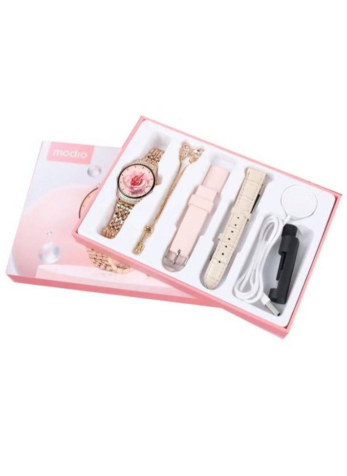 modio Modio  Smart Watch Rose-1 Ladies Smart Watch With 3 Pair Straps Beautiful Bracelete and Wireless Charger(GOLD)  - Image 3