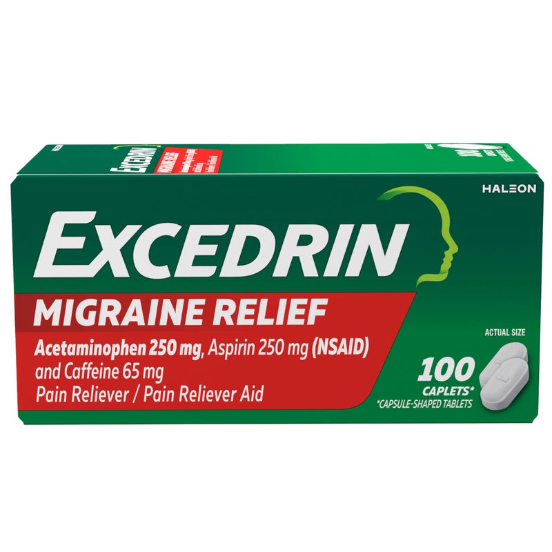 GlaxoSmithKline Excedrin Migraine Relief Caplets for Migraine Symptoms, Acetaminophen 250mg, Aspirin 250mg, Caffeine 65mg, Pain Reliever, 100 Count - Image 1