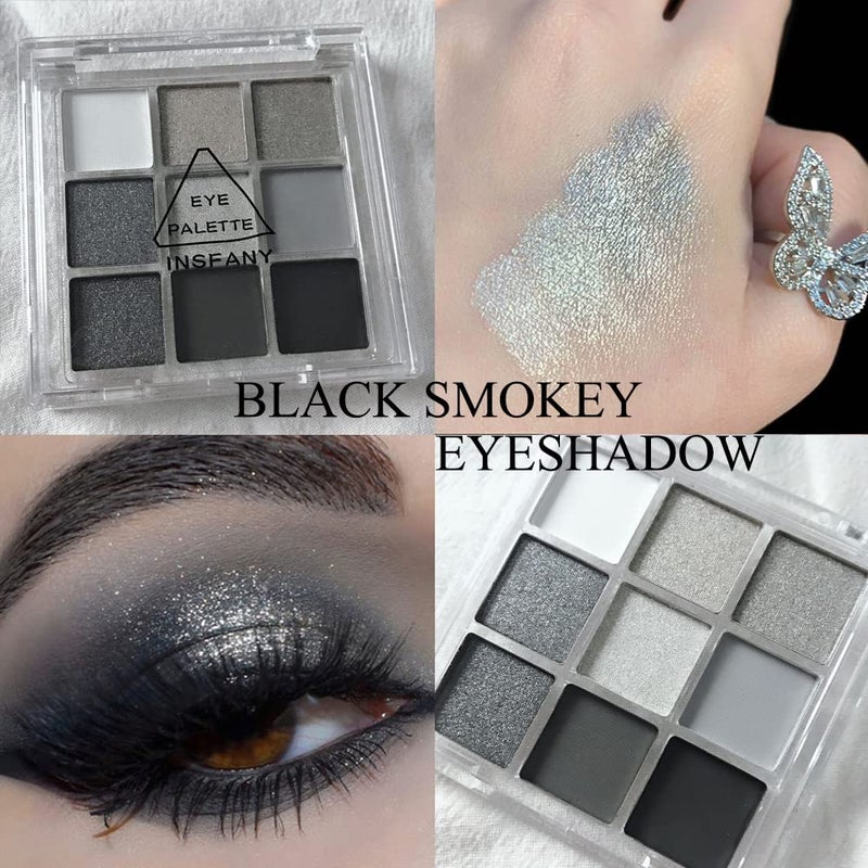 Yeweian Black Smokey Eyeshadow Palette, 9 Colors Black Silver Gray White Goth Eyeshadow Makeup Palette, Waterproof Cool Toned Matte Glitter Eyeshadow Palette Sombras De Ojos Profesional - Image 3