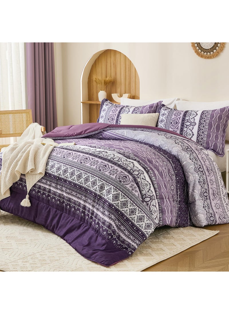 Goodidea Goodidea Boho Comforter Set Queen Size 3 Piece Purple Bohemian Striped Comforter Soft Lightweight Microfiber Bedding Set with 2 Pillow Shams for All Season (Queen  90""X90"")  - Image 2